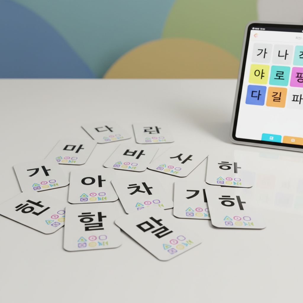 A close-up, photographic view of a high-quality Korean vocabulary flashcard set spread across a smooth white table, with no human hands visible. Each sturdy card features a bold Korean character and playful, abstract icons instead of readable text, ensuring the focus stays on learning. A slim tablet nearby shows a bright, colorful interface with large Hangul blocks arranged like tiles. Soft studio lighting from above creates even illumination and gentle reflections on the laminated card surfaces. Shot from a slightly elevated angle using the rule of thirds, the image feels organized, engaging, and professional, with a clean background fading into soft bokeh to suggest an inviting Korean education environment.
