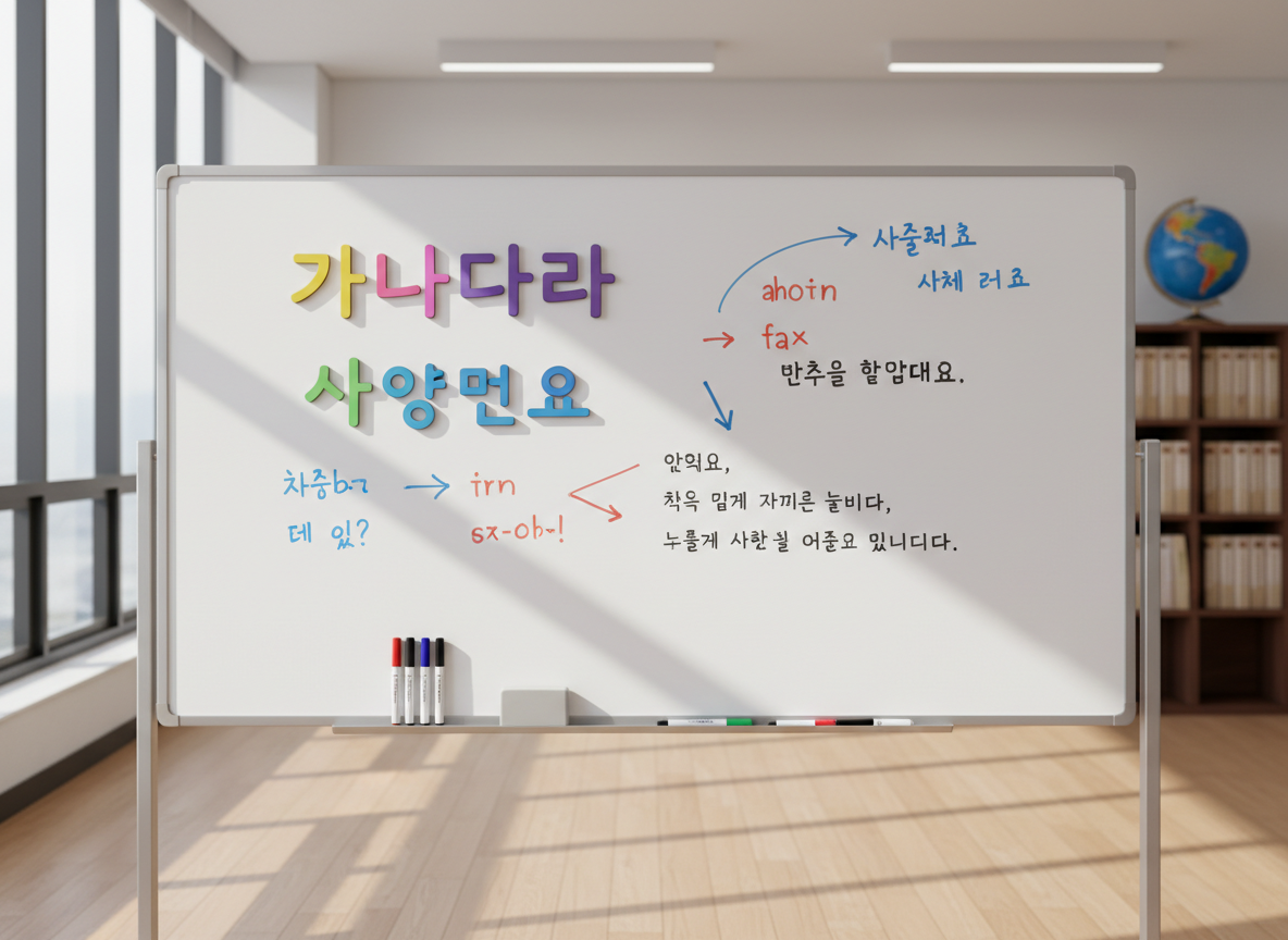 A large wall-mounted whiteboard in a bright, modern classroom dedicated to Korean education, with no students or teachers present. On the whiteboard, colorful magnetic tiles shaped like Hangul characters form simple syllable blocks, while non-readable marker scribbles suggest pronunciation notes and practice sentences. Below, a narrow ledge holds neatly aligned dry-erase markers and an eraser. Sunlight streams through tall windows from the side, casting soft, diagonal shadows and subtle reflections on the glossy white surface. Photographic realism, wide-angle lens at eye level, capturing part of a bookshelf with neatly arranged, unlabeled textbooks and a world globe in the softly blurred background, creating a professional yet welcoming atmosphere of structured Korean learning.